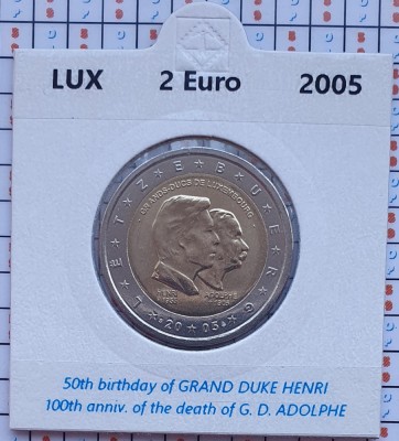 Luxembourg 2 euro 2005 UNC - Henri Adolphe - km 87 cartonas personalizat D11301 foto