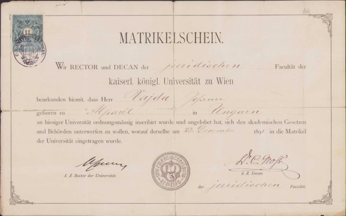 A3102N Matricola studențească a lui Ioan Vaida-Voevod, fratele lui Alexandru Vaida-Voevod, eliberată de Universitatea din Viena, 1891