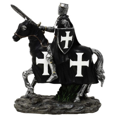 Statueta Cavaler Medieval Templier pe Cal 22 cm, alb cu negru foto