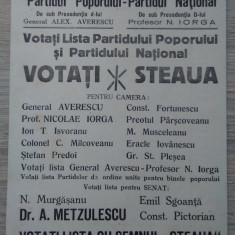 Ilustrată electorală Partidul Poporului Averescu - Partidul Național Iorga -1930