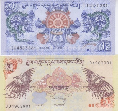 Bancnota Bhutan 1 si 5 Ngultrum 2011/13 - P27b/28b UNC ( set x2 ) foto