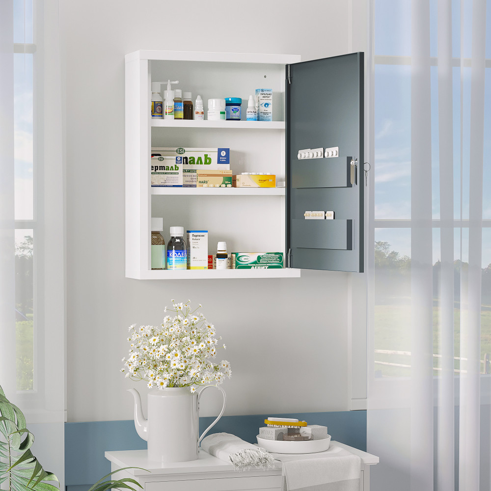 Kleankin Dulapior pentru medicamente montat pe perete, cutie de urgenta pe  3 nivele pentru baie, bucatarie, se poate incuia cu 2 chei, alb | Okazii.ro