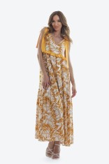 Rochie lunga din viscoza cu imprimeu vegetal galben Capri