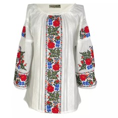 Bluza Tip Ie Traditionala Alba cu Motiv Floral Colorat de Dama - IMS166