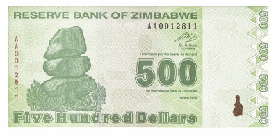 Zimbabwe 500 Dolari 2009 - V19, P-98 UNC !!! foto