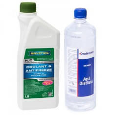 Pachet 2.5 litri antigel concentrat Ravenol HJC Protect FL22 verde si apa distilata