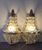 Cumpara ieftin 2 x lampa aplica veioza perete, vechi vintage antic, stil Art Deco, cu design geometric &amp; elemente cristal &amp; detalii alama, din prima jumatate sec XX, Lampi