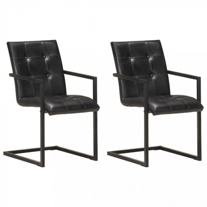 vidaXL Scaune de bucătărie cantilever, 2 buc., negru, piele naturală
