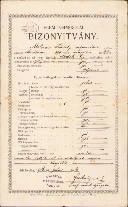 HST A1839 Certificat școlar 1908 Mezotur Ungaria