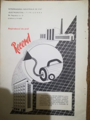 1967 Reclama Aspirator RECORD &amp;Icirc;ntrepr ELECTROMOTOR Timișoara comunism 24x16,5 foto