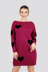 Pulover lung visiniu cu inimioare negre foto