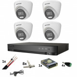 Sistem de supraveghere Hikvision cu 4 camere Poc, ColorVu 8MP, Lumina color 40M, Lentila 2.8mm, DVR de 4 canale 8 Megapixeli, accesorii SafetyGuard Su