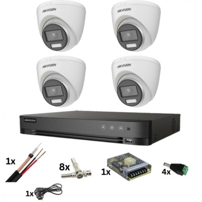 Sistem de supraveghere Hikvision cu 4 camere Poc, ColorVu 8MP, Lumina color 40M, Lentila 2.8mm, DVR de 4 canale 8 Megapixeli, accesorii SafetyGuard Su foto