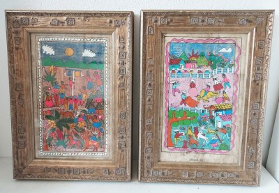 Set 2 tablouri lucrari decorative arta naiva folclorica mexicana, Cancun Mexic, originale, rama lemn sculptat, 35x25 cm foto
