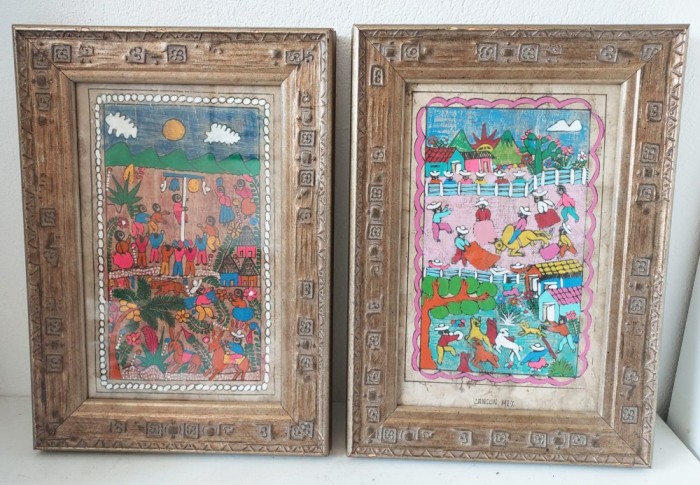 Set 2 tablouri lucrari decorative arta naiva folclorica mexicana, Cancun Mexic, originale, rama lemn sculptat, 35x25 cm