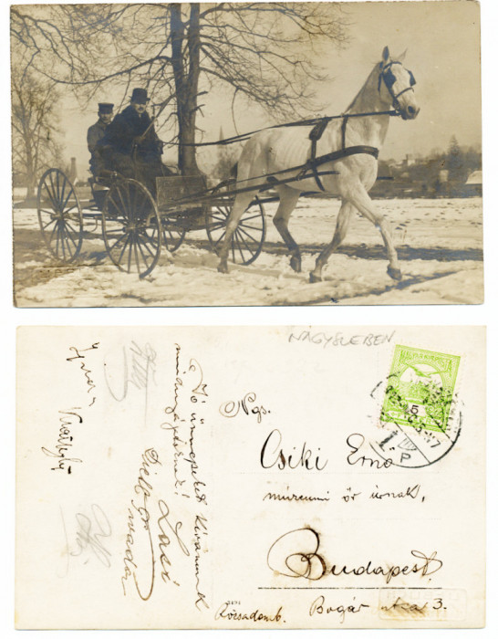 Sibiu 1912 ilustrata foto rara - trasura trasa iarna de un cal, circulata