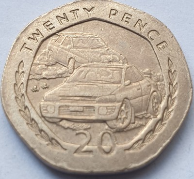 Moneda 20 pence 1997 Isle of Man, Manx Rally, Imprezza vs Ford Cosworth, km#592 foto