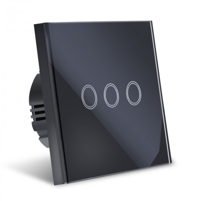 Intrerupator Smart Touch Techstar&reg;, Wireless 2.4GHz, Sticla Securizata, Design Modern, Iluminare LED, 3 Faze, Negru