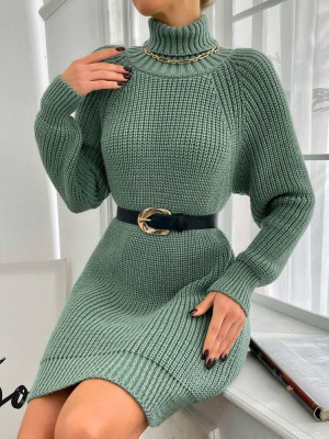 Rochie mini stil pulover, cu guler, verde, dama foto
