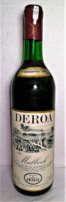C 47 -vin rosu, MALBECK, DEROA&#039;, cl 70 gr 12,5 recoltare 1975