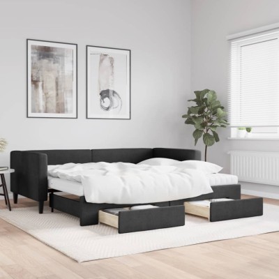 Pat de zi cu extensie și sertare, negru, 90x190cm, textil foto