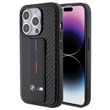 Husa BMW iPhone 15 Pro Leather Grip Stand Smooth &amp; Carbon, negru, BMHCP15LGSPCCK