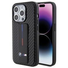 Husa BMW iPhone 15 Pro Leather Grip Stand Smooth &amp;amp; Carbon, negru, BMHCP15LGSPCCK foto