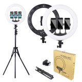 Cumpara ieftin Lampa Circulara Foto LED 55cm, Lumina Rece/Calda, Ring Light cu Trepied, Geanta si 3 Suporti Telefon