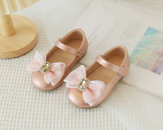Pantofi roz pudra sidefat cu fundita (Marime Disponibila: Marimea 24)