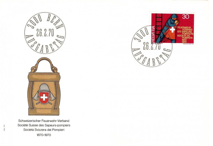 POMPIERI SOCIETATEA POMPIERILOR DIN ELVETIA 1970 FDC COVER POZA IN RELIEF