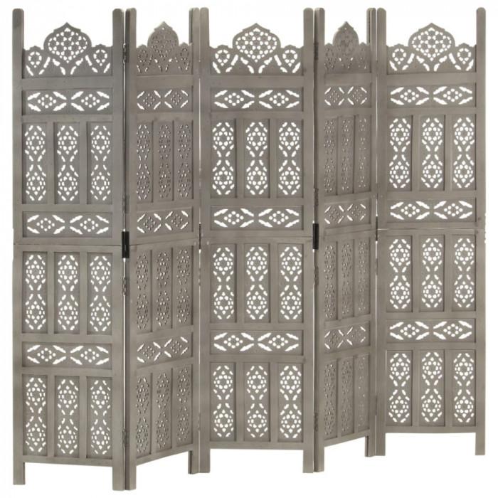 vidaXL Paravan cameră sculptat manual 5 panouri gri 200x165 cm mango