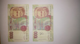 Lot 2 bancnote 1000 Lire, Italia, 1990, Maria MONTESSORI