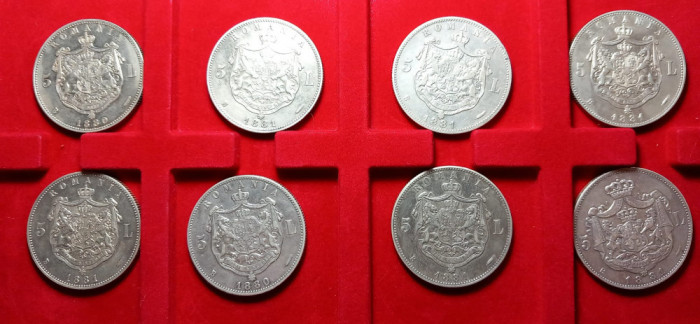 8 Monede superbe din Argint a 5 Lei CAROL I