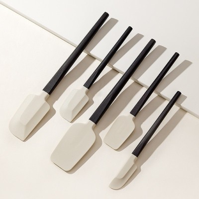 Set 5 Ustensile de Bucatarie, Cyrax, din Silicon si Lemn, Spatule de Diferite Dimensiuni, Termorezistente, Antiaderente, Alb-Negru foto