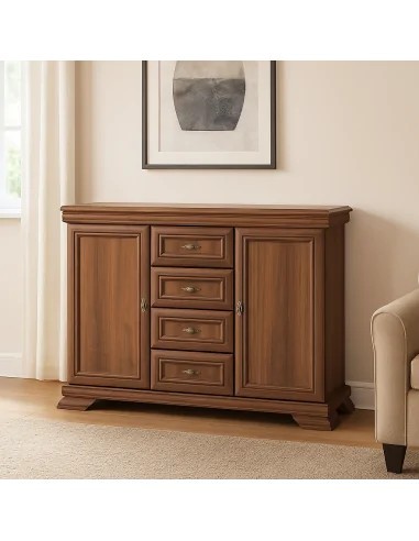 Comoda living si dormitor, VM3, 4 sertare, 2 usi, Pal melaminat, cu insertii MDF, Nuc