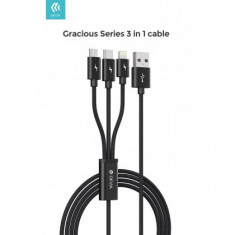Cablu de date 3 in1, USB la MicroUSB, Type-C, Lighting, DEVIA EC048 (5V-3.0A) 1.2m Negru Blister