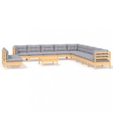 Set mobilier de gradina cu perne, 12 piese, gri, lemn masiv pin