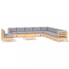 Set mobilier de gradina cu perne, 12 piese, gri, lemn masiv pin
