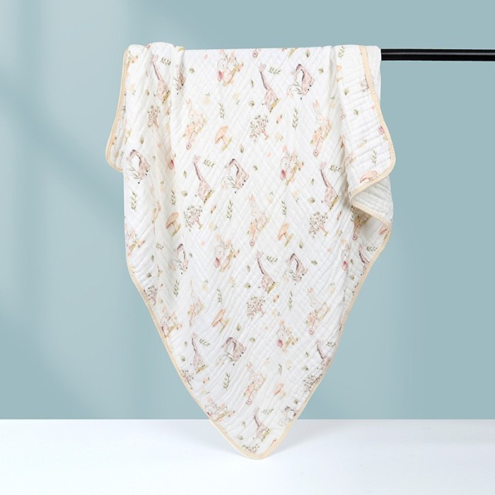 Prosop de baie din bumbac si tifon pentru Bebelusi, Cyrax, cu Sase Straturi, pentru Copii, 110x110 cm, Model Girafe, Bej Galben