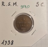 390 San Marino 5 Centesimi 1938 , KM#12, buna