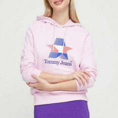 Tommy Jeans hanorac de bumbac femei, culoarea roz, cu glugă, cu imprimeu