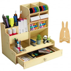 Organizator de birou multifunctional, din lemn, cu 12 compartimente si un sertar, ideal pentru a fi organizat acasa, serviciu, bej