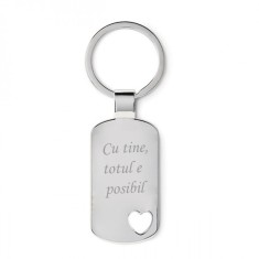 Breloc Gravat metalic, Model Inima Decupata cu Textul "Cu tine, totul e posibil."