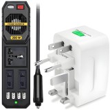 Set Invertor de Tensiune Auto si Adaptor Universal Priza, Linomag&reg;, Dc/Ac 12v/220v, Adaptor priza EU/UK/SUA/JP/CH/AUS/TH, Alb/Negru