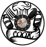 Ceas de perete decorativ Cook Culinary Art, realizat din disc de vinil upcycled, model Boneta de Bucatar si Recipiente Condimente, negru, 30 cm