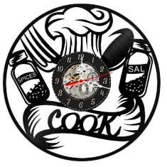 Ceas de perete decorativ Cook Culinary Art, realizat din disc de vinil upcycled, model Boneta de Bucatar si Recipiente Condimente, negru, 30 cm