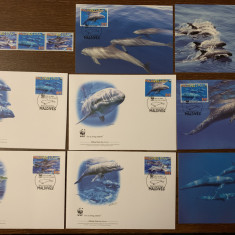 maldive - delfin - serie 4 timbre MNH, 4 FDC, 4 maxime, fauna wwf