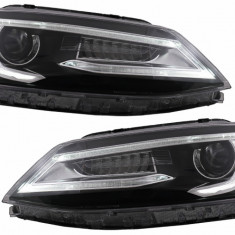 Faruri LED DRL Dual Beam Lens compatibil cu VW Jetta Mk6 VI (2011-2017) RHD Bi-Xenon Design cu Semnal Dinamic Secvential Negru HLVWJ6RHD