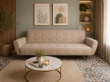 Canapea Extensibila Glamour Crem Catifea 219 cm, Rabatabila Click-Clack, Arcuri+Spuma, Buzunare Laterale
