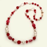 Cumpara ieftin Colier Argint 925 Placat Aur Roz cu Jad Roz, Agat Rubiniu &amp; Perle Cultura, 80cm. Bijuterie handmade